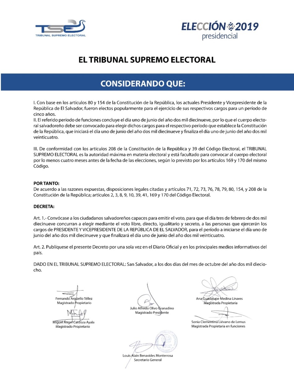 Decreto de convocatoria a elección 2019