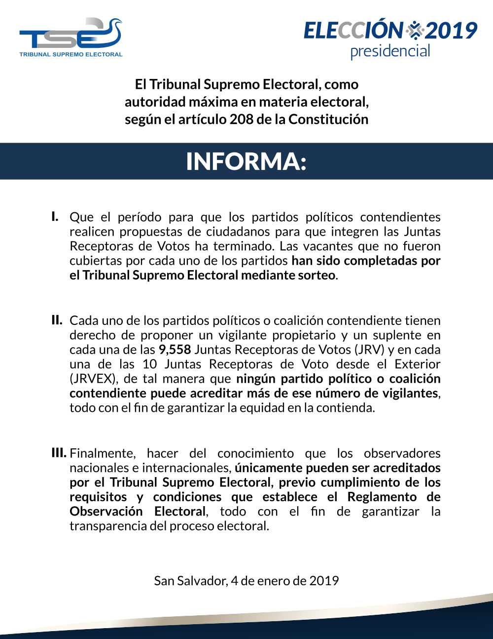 El Tribunal Supremo Electoral, como autoridad máxima en materia electoral, según el artículo 208 de la Constitución informa sobre integración de JRV, vigilancia y observación electoral