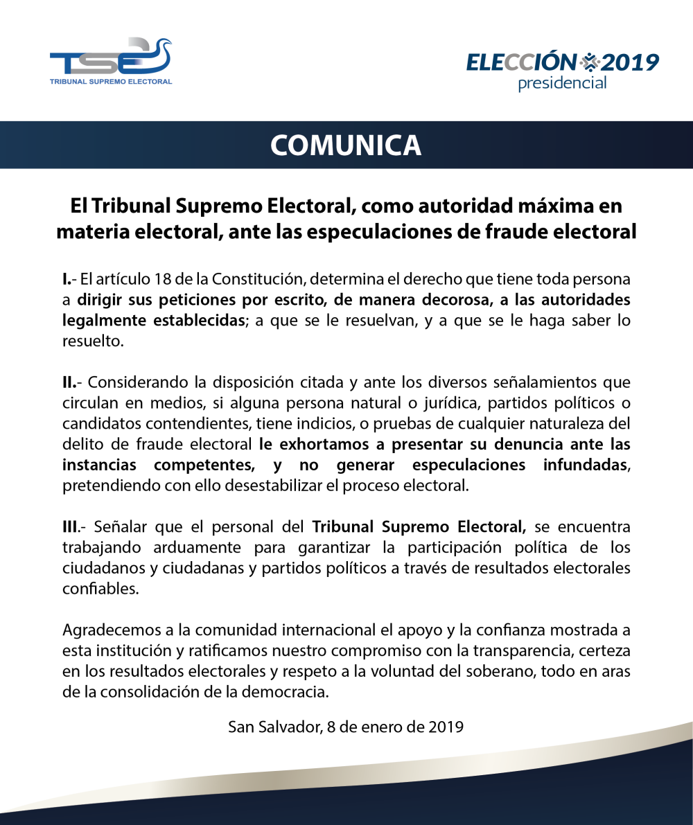 El Tribunal Supremo Electoral, como autoridad máxima en materia electoral, ante las especulaciones de fraude electoral, comunica